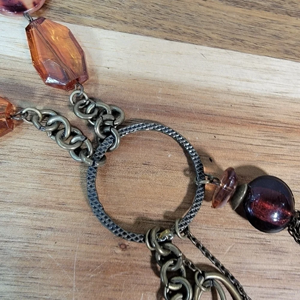 Antique Bronze Metal Statement Necklace with Amber beads and Chain Tassels Boho